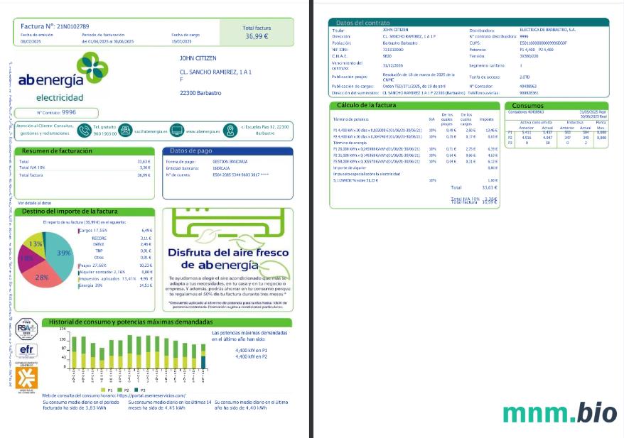 Hiszpania abenergía szablon rachunku za media w formatach Word i PDF, 1-2 strony